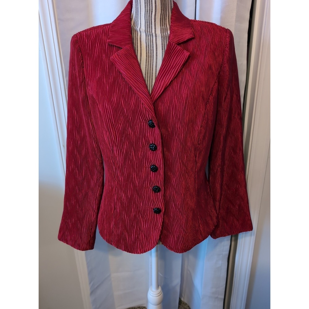 Jackie Jon New York Red Crinkle Textured Blazer with Black Sparkly Buttons 12